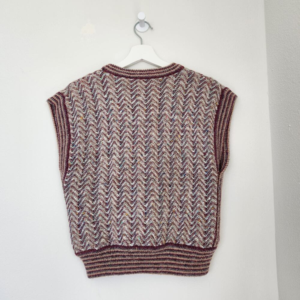 80s Vintage Knit Sweater Vest Wool Maroon Multicolor Chevron Academia 90s M - Picture 5 of 8